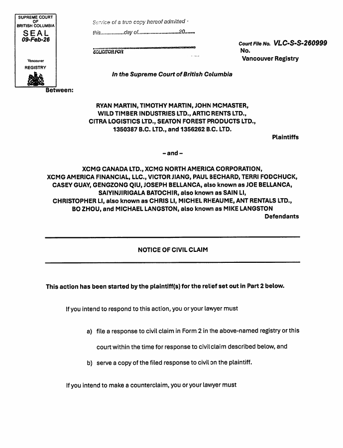 First PDF page of D001 — Wild Timber and associated plaintiffs — notice of civil claim