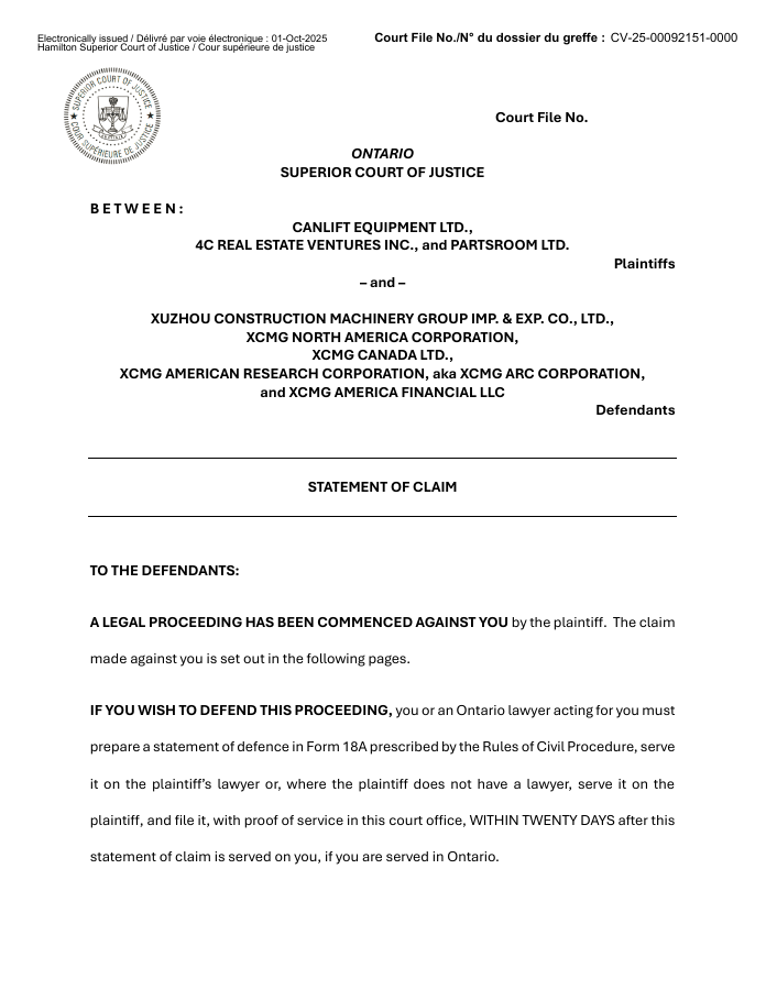 First PDF page of D003 — CanLift, 4C and Partsroom — Ontario statement of claim