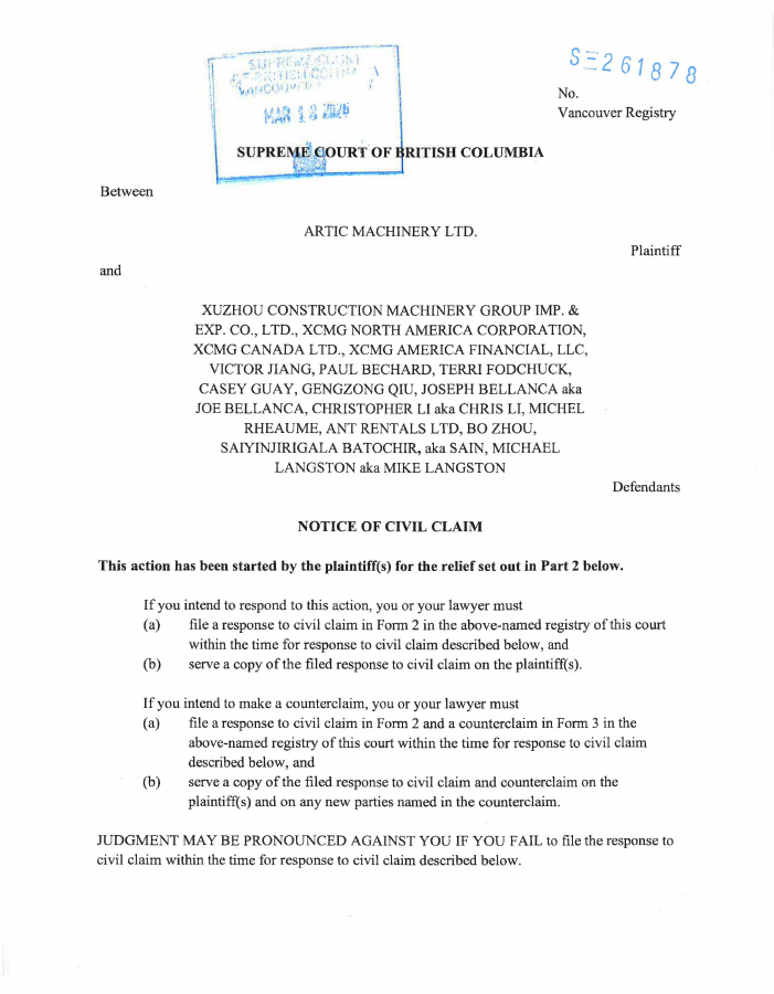 First PDF page of D004 — Artic Machinery — notice of civil claim S-261878
