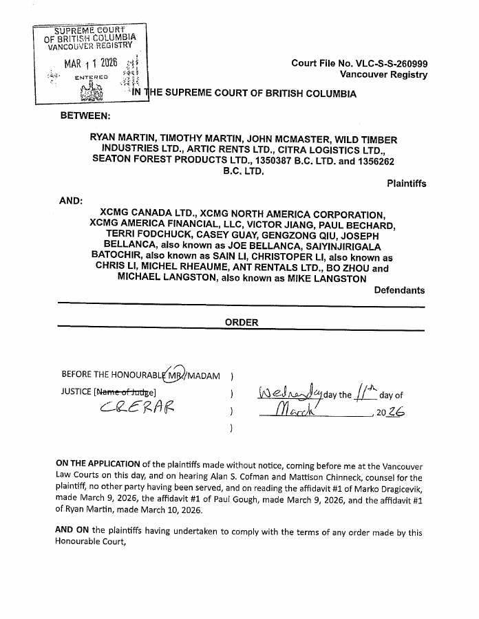 First PDF page of D005 — Wild Timber proceeding — entered Mareva order