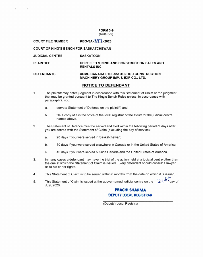 First PDF page of D006 — Certified Mining — Saskatchewan statement of claim