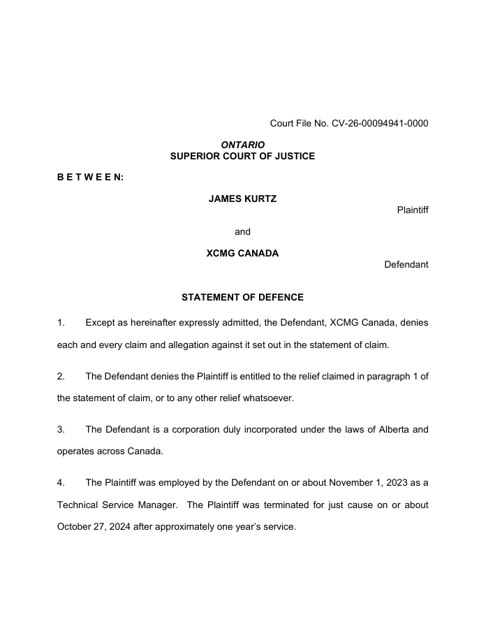 First PDF page of D008 — XCMG Canada — statement of defence in the Kurtz dispute