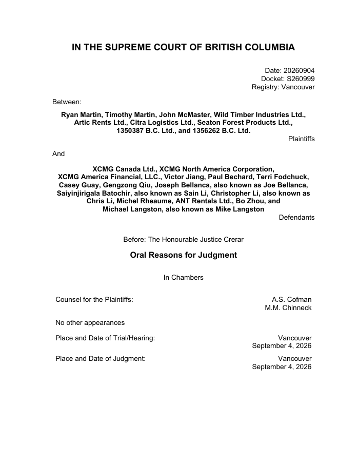 First PDF page of D009 — Wild Timber proceeding: September 4 oral reasons of Justice Crerar