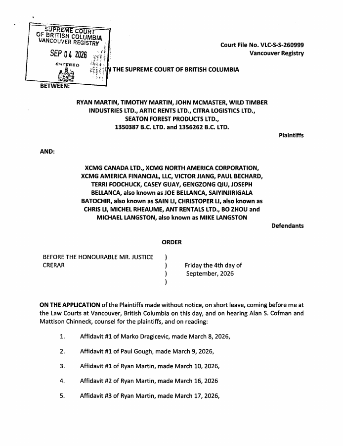 First PDF page of D010 — Wild Timber proceeding: September 4 order replacing the Mareva relief