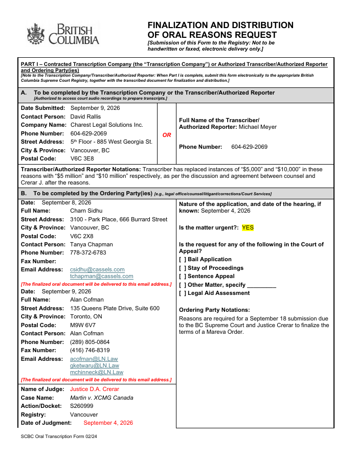 First PDF page of D011 — Wild Timber proceeding: request to finalize the September 4 oral reasons