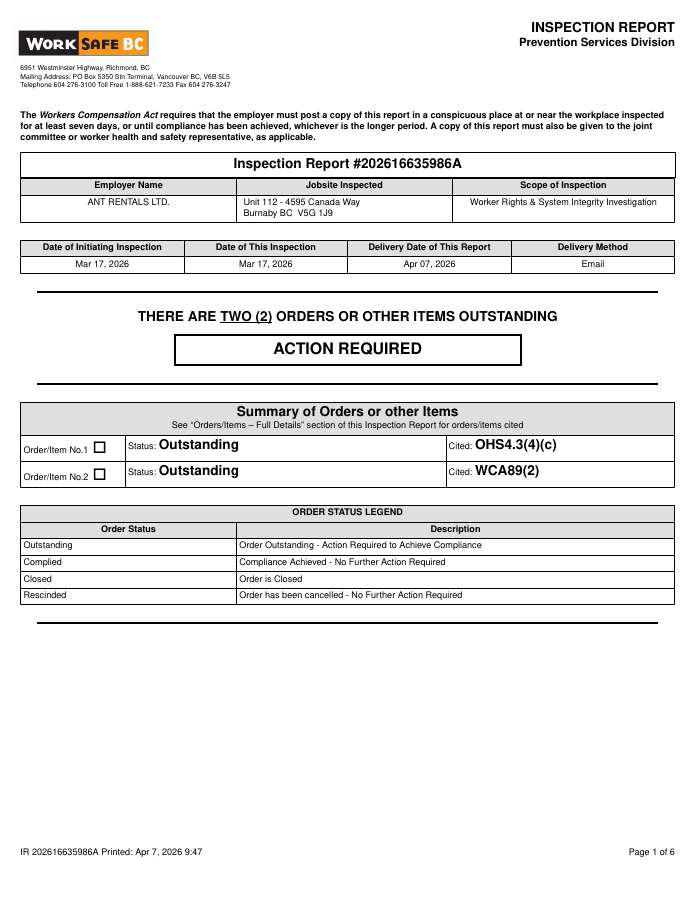 First PDF page of D012 — WorkSafeBC inspection report: ANT Rentals XCMG XG4047DC lifts