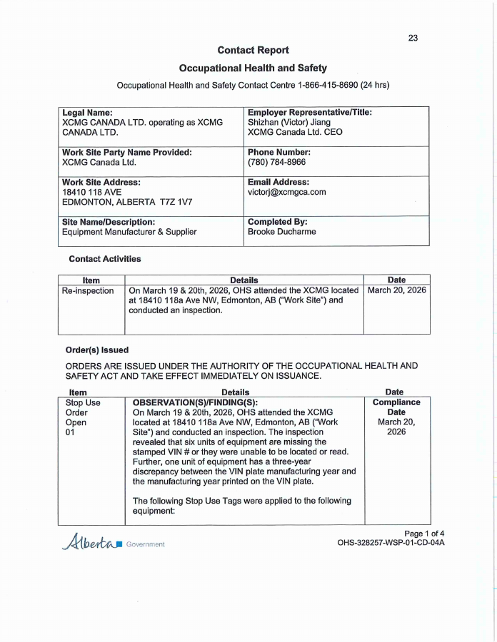 First PDF page of D014 — Alberta OHS stop-use and stop-work orders at XCMG Canada sites