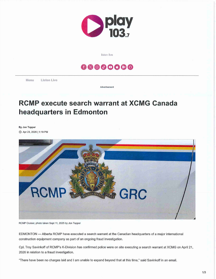First PDF page of D015 — play 103.7: RCMP search warrant at XCMG Canada headquarters (saved copy)