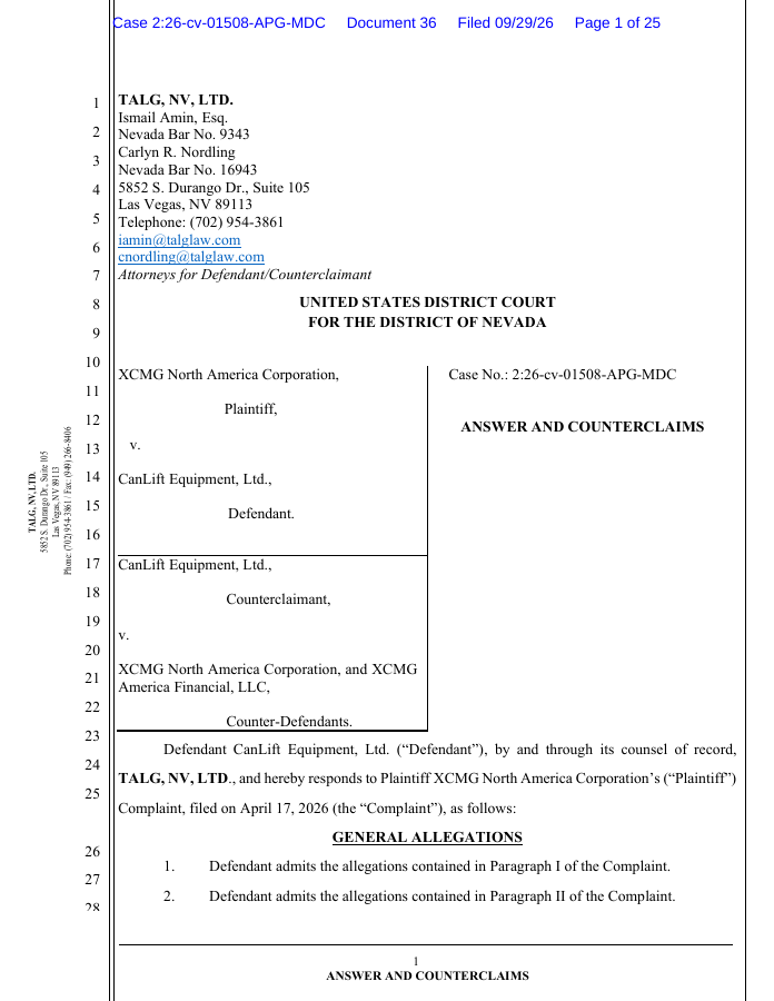 First PDF page of D016 — CanLift answer and counterclaims in the Nevada case