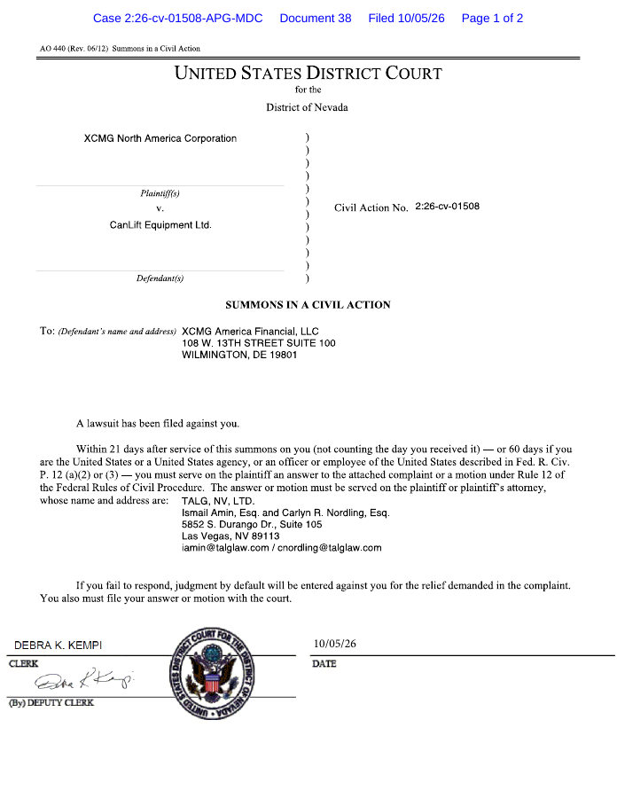 First PDF page of D017 — Summons to XCMG America Financial in the Nevada case