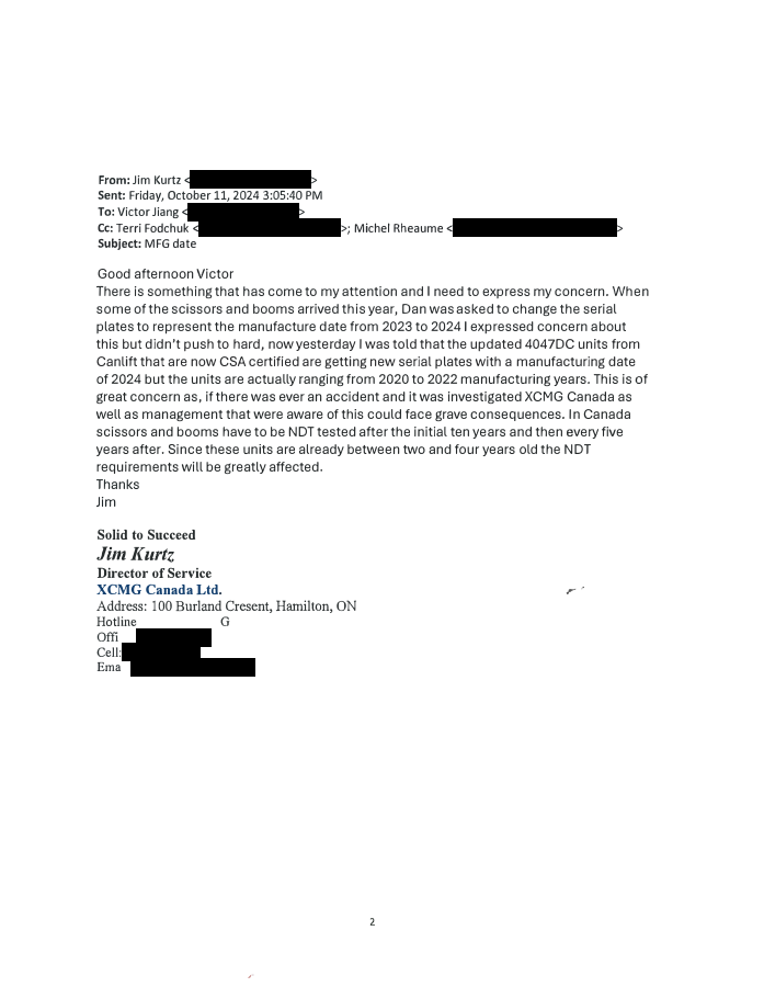First PDF page of D019 — Jim Kurtz email to XCMG Canada CEO about manufacturing dates