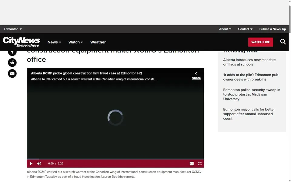 Screenshot of the CityNews Edmonton article header for “Fraud probe: Alberta RCMP search major construction equipment maker XCMG’s Edmonton office”