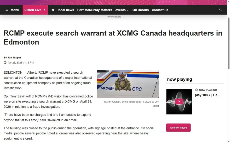 Screenshot of the play 103.7 / Harvard Media article header for “RCMP execute search warrant at XCMG Canada headquarters in Edmonton”