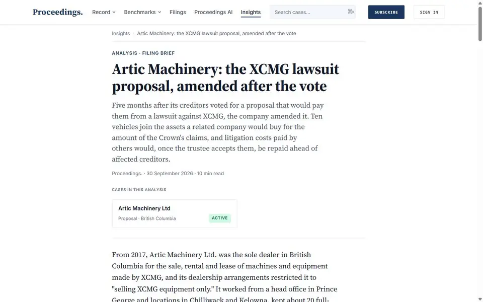 Screenshot of the Proceedings. article header for “Artic Machinery: the XCMG lawsuit proposal, amended after the vote”