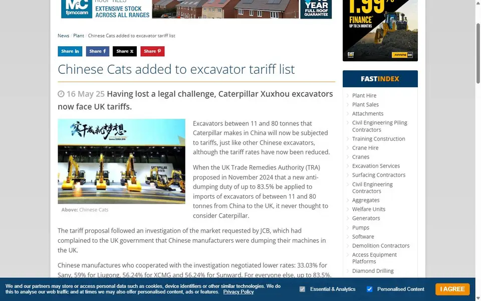 Screenshot of the The Construction Index article header for “Chinese Cats added to excavator tariff list”