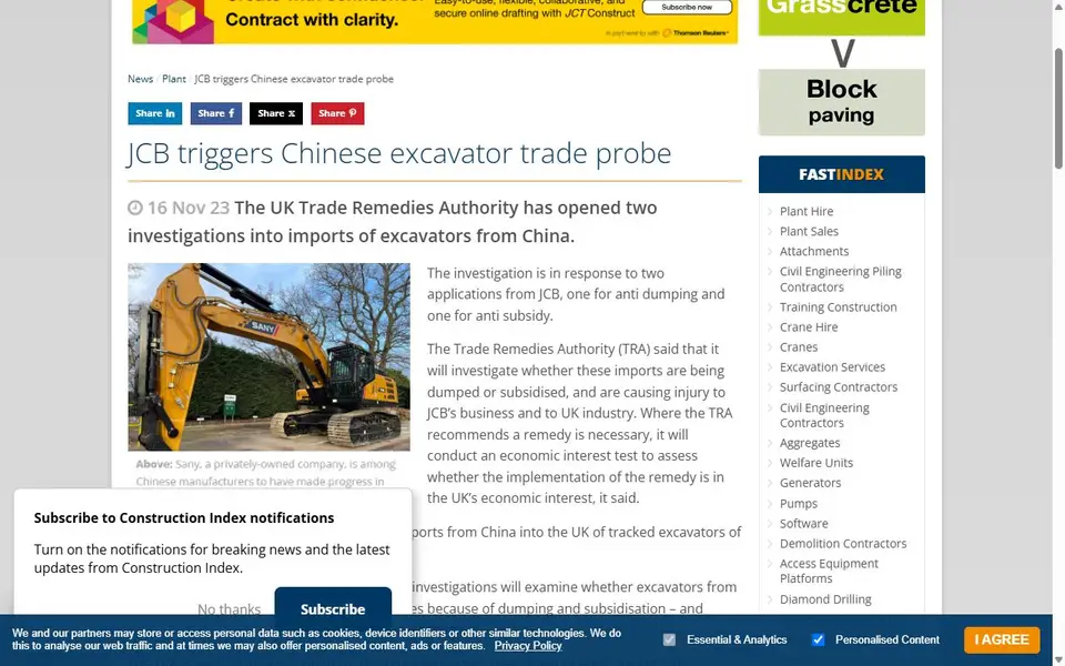 Screenshot of the The Construction Index article header for “JCB triggers Chinese excavator trade probe”