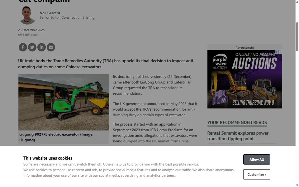 Screenshot of the International Rental News / KHL Group; Neil Gerrard article header for “UK upholds excavator anti-dumping decision after Liugong and Cat complain”