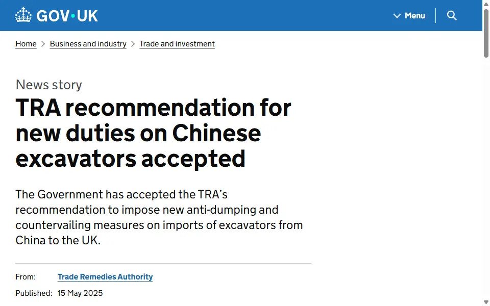 Screenshot of the GOV.UK news story header for “TRA recommendation for new duties on Chinese excavators accepted”
