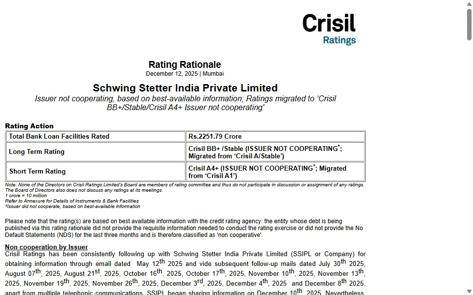 Screenshot of the Crisil Ratings rationale header for Schwing Stetter India Private Limited dated December 12, 2025