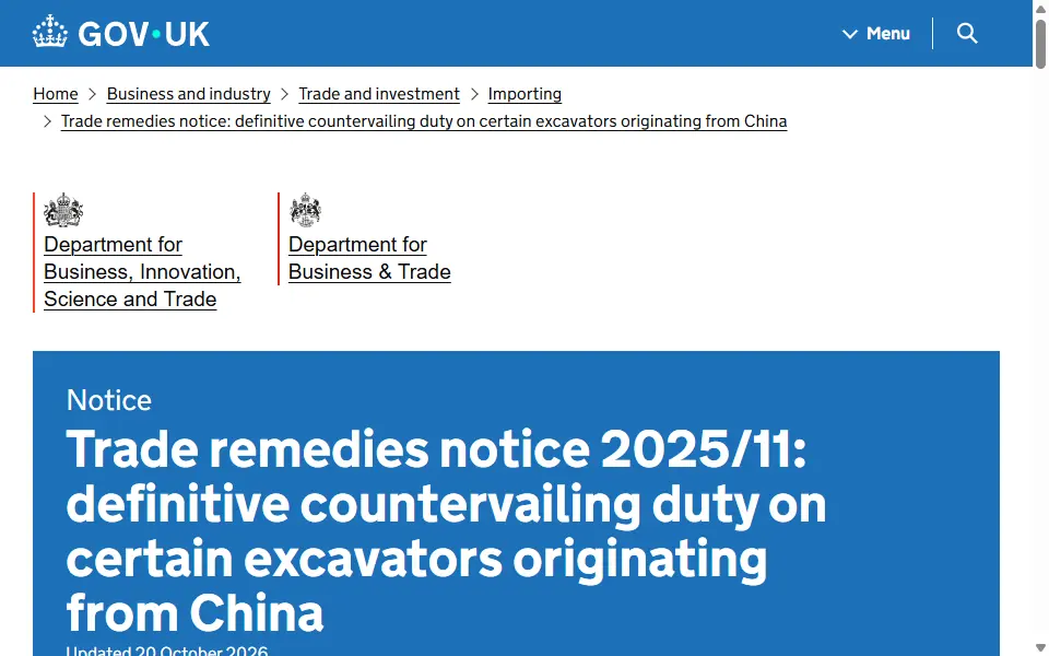 Screenshot of the GOV.UK notice header for “Trade remedies notice 2025/11: definitive countervailing duty on certain excavators originating from China”