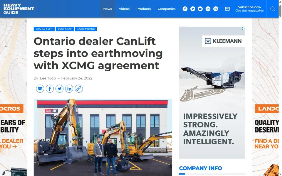 Screenshot of the Heavy Equipment Guide article header for “Ontario dealer CanLift steps into earthmoving with XCMG agreement”