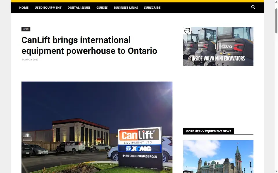 Screenshot of the Equipment Journal / Pace Publishing Limited article header for “CanLift brings international equipment powerhouse to Ontario”