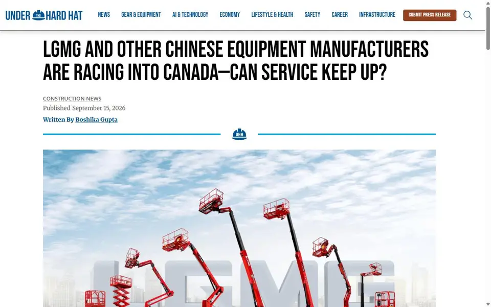 Screenshot of the Under the Hard Hat article header for “LGMG and other Chinese equipment manufacturers are racing into Canada—can service keep up?”
