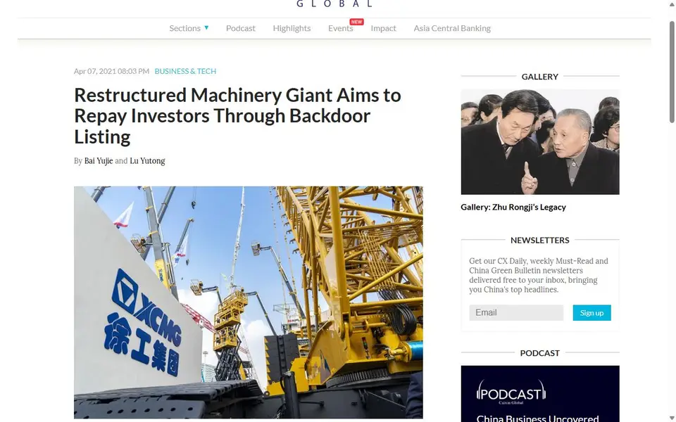Screenshot of the Caixin Global article header for “Restructured Machinery Giant Aims to Repay Investors Through Backdoor Listing”
