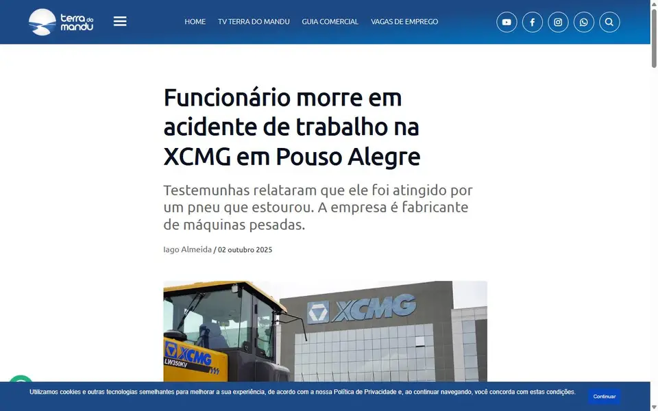 Screenshot of the Terra do Mandu article header for “Funcionário morre em acidente de trabalho na XCMG em Pouso Alegre”