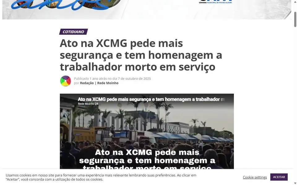 Screenshot of the Rede Moinho 24 article header for “Ato na XCMG pede mais segurança e tem homenagem a trabalhador morto em serviço”