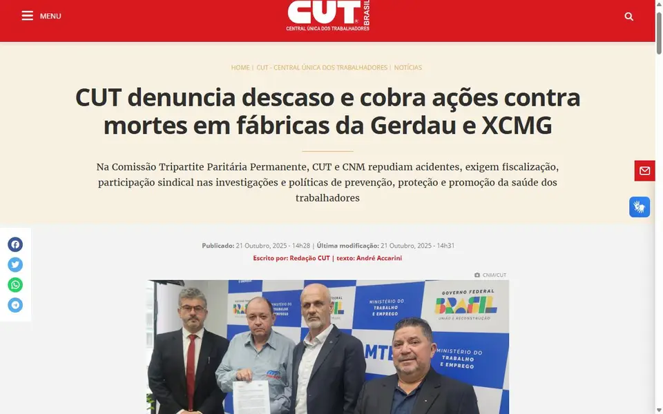 Screenshot of the Central Única dos Trabalhadores (CUT) article header for “CUT denuncia descaso e cobra ações contra mortes em fábricas da Gerdau e XCMG”
