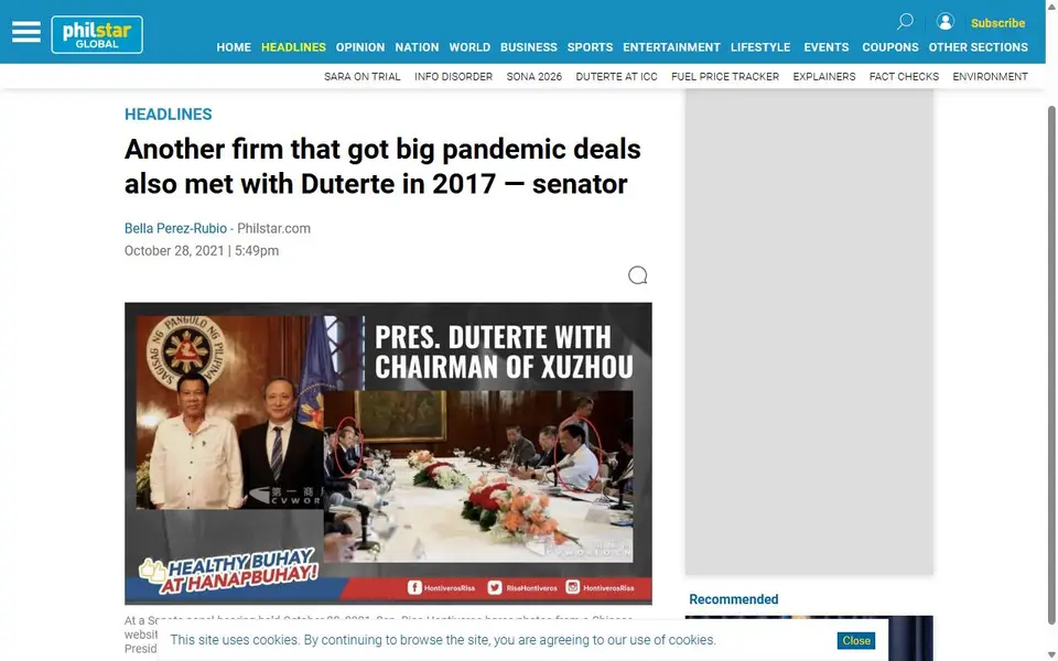 Screenshot of the Philstar.com article header for “Another firm that got big pandemic deals also met Duterte in 2017 — senator”