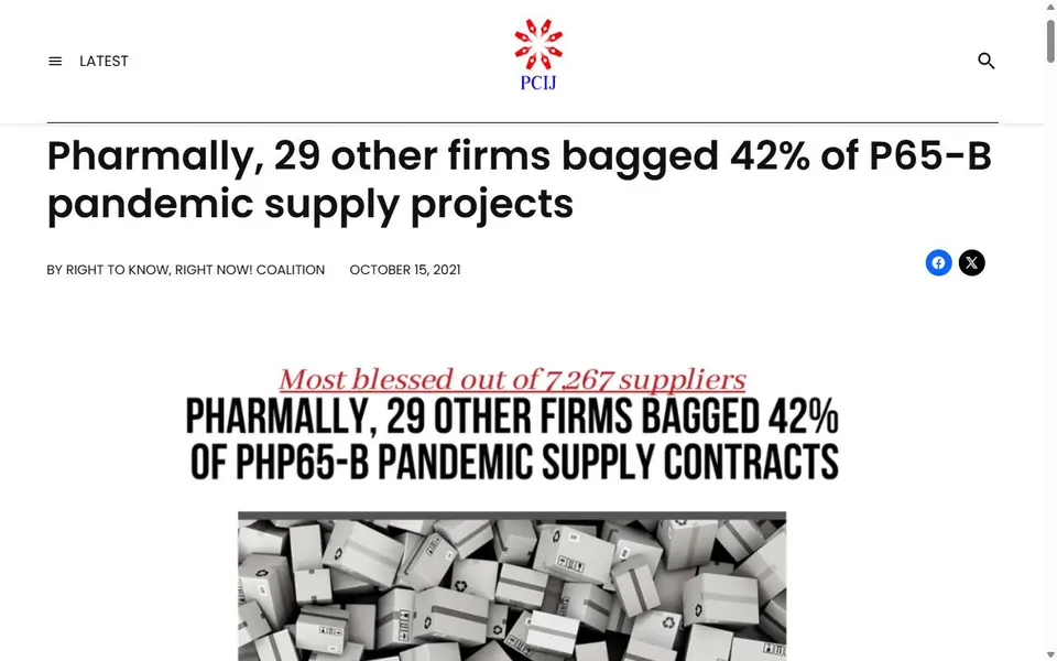 Screenshot of the Philippine Center for Investigative Journalism article header for “Pharmally, 29 other firms bagged 42% of P65-B pandemic supply projects”