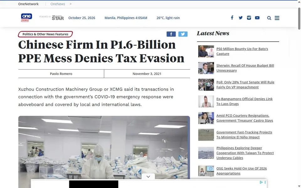 Screenshot of the OneNews.PH / The Philippine Star article header for “Chinese Firm In P1.6-Billion PPE Mess Denies Tax Evasion”