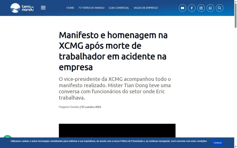 Screenshot of the Terra do Mandu article header for “Manifesto e homenagem na XCMG após morte de trabalhador em acidente na empresa”