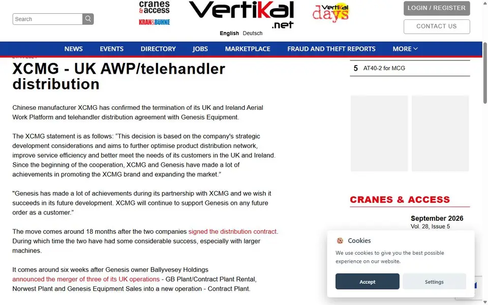 Screenshot of the Vertikal.net article header for “XCMG - UK AWP/telehandler distribution”