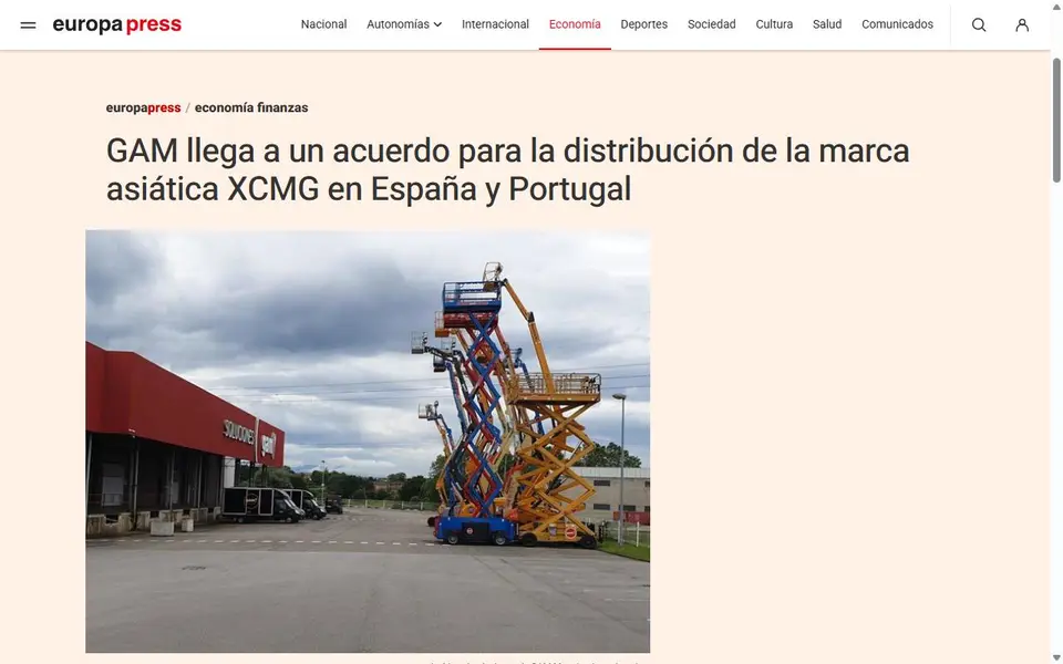 Screenshot of the Europa Press — Economía Finanzas article header for “GAM llega a un acuerdo para la distribución de la marca asiática XCMG en España y Portugal”