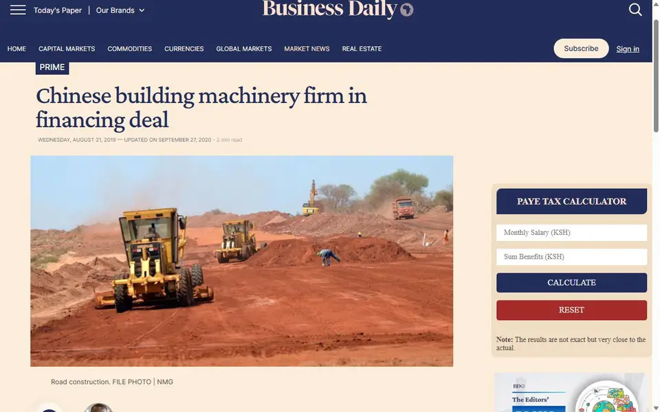 Screenshot of the Business Daily / Nation Media Group article header for “Chinese building machinery firm in financing deal”