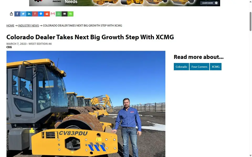 Screenshot of the Construction Equipment Guide article header for “Colorado Dealer Takes Next Big Growth Step With XCMG”