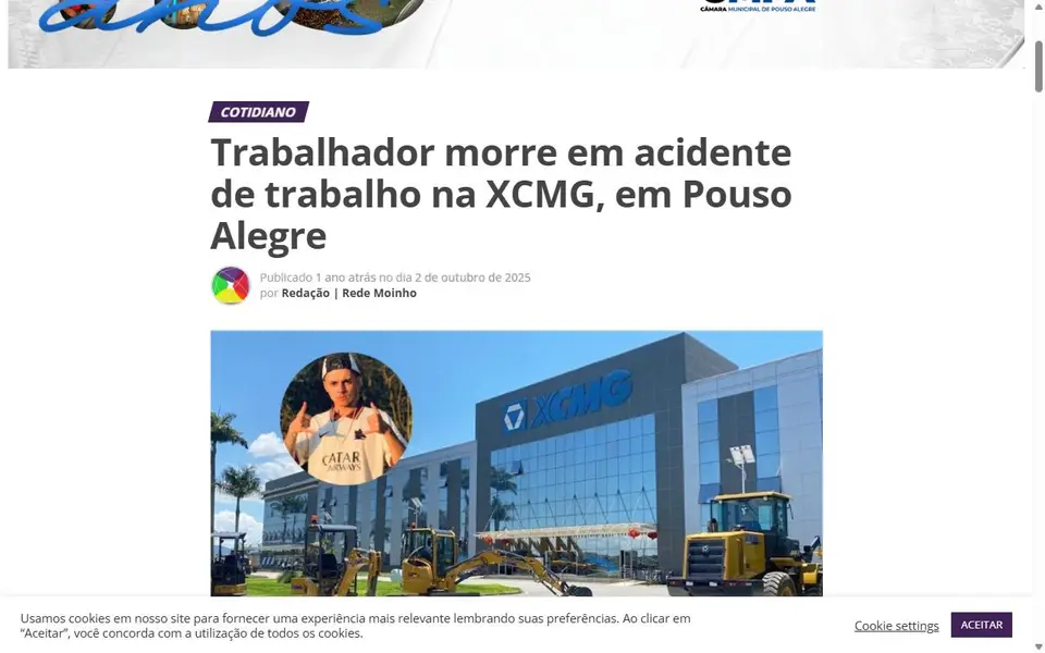 Screenshot of the Rede Moinho 24 article header for “Trabalhador morre em acidente de trabalho na XCMG, em Pouso Alegre”