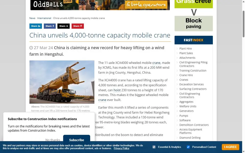 Screenshot of the The Construction Index article header for “China unveils 4,000-tonne capacity mobile crane”