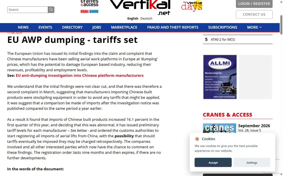 Screenshot of the Vertikal.net article header for “EU AWP dumping - tariffs set”