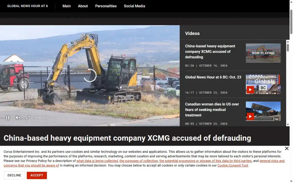 Video frame from Global News / Corus Entertainment report “China-based heavy equipment company XCMG accused of defrauding”